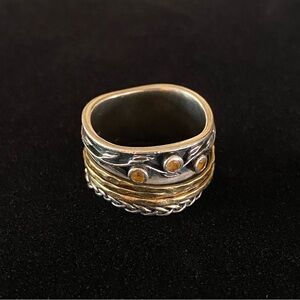 PZ Israel 925 Sterling Silver Citrine Ivy Accent Spinner Cuff Band Ring sz 10.5